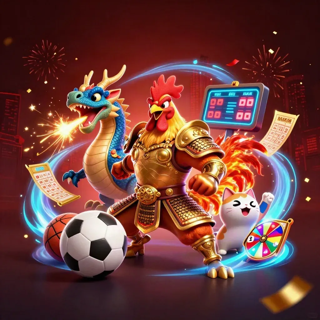 Rooster warrior, dragon hatchling and fortune cat amid neon casino betting chaos and sports props.