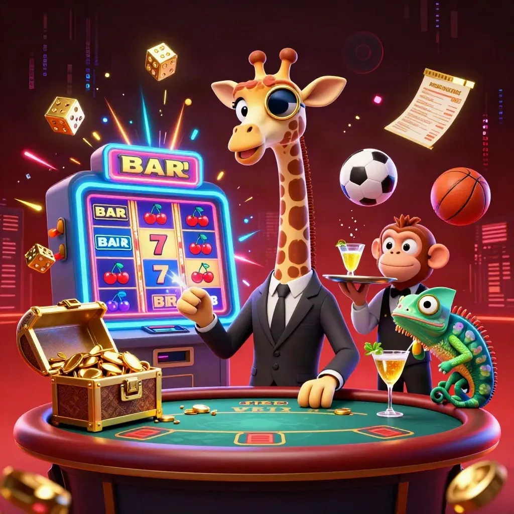 Neon casino key art with giraffe, monkey, and chameleon amid gold and electric blue light.