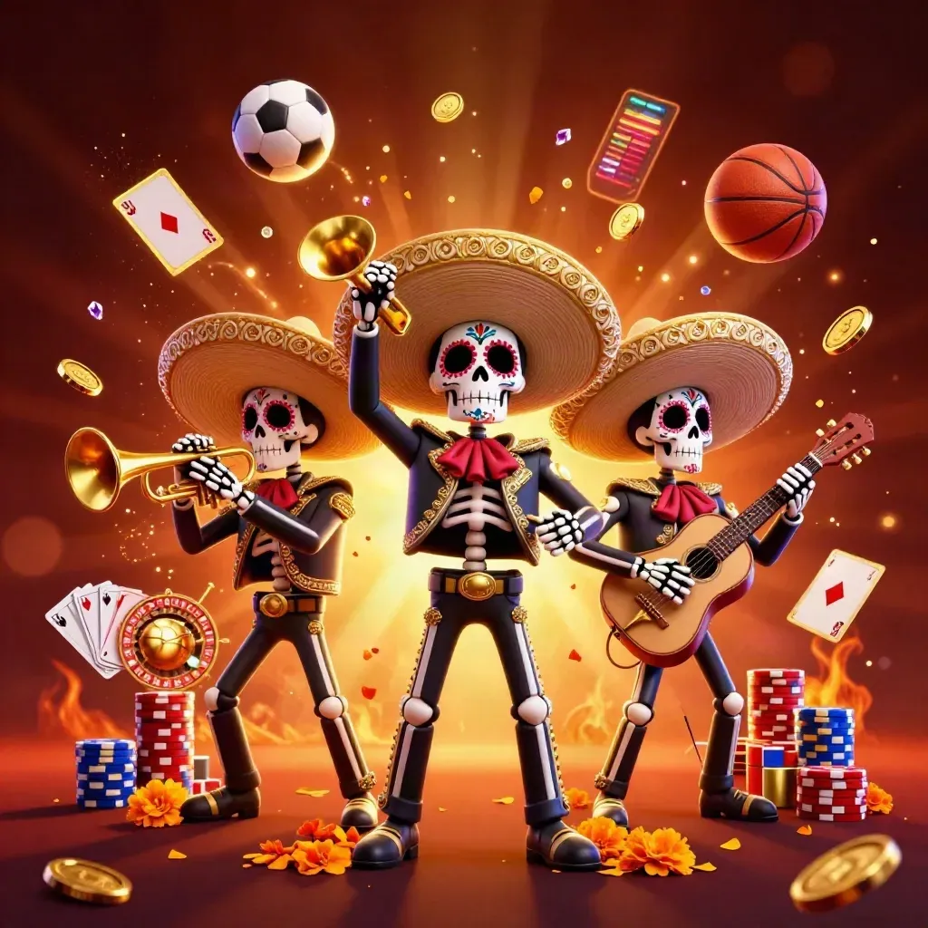 Skeleton mariachi trio amid casino chips, coins, roulette, cards, and sports balls.