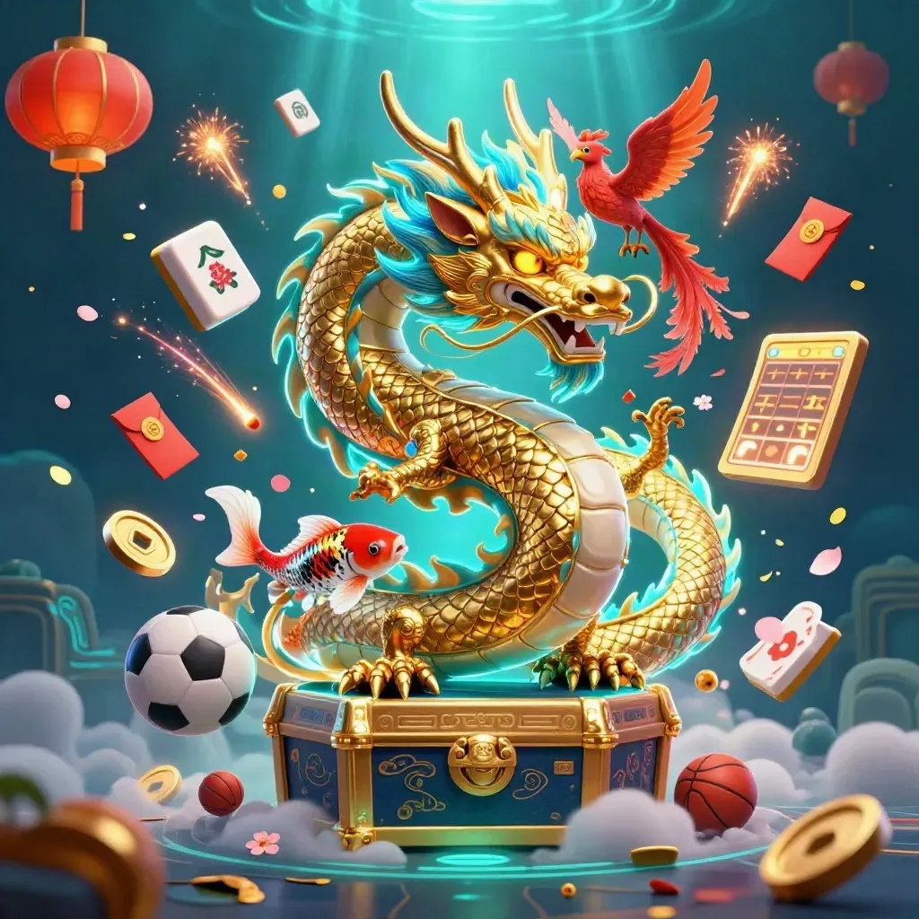 Golden dragon, phoenix, koi, and casino game elements burst in neon blue light.