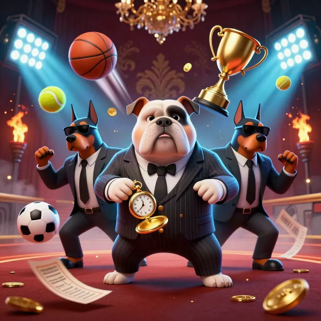Cartoon bulldog and two Dobermans amid flying sports balls, coins, and blazing casino lights.