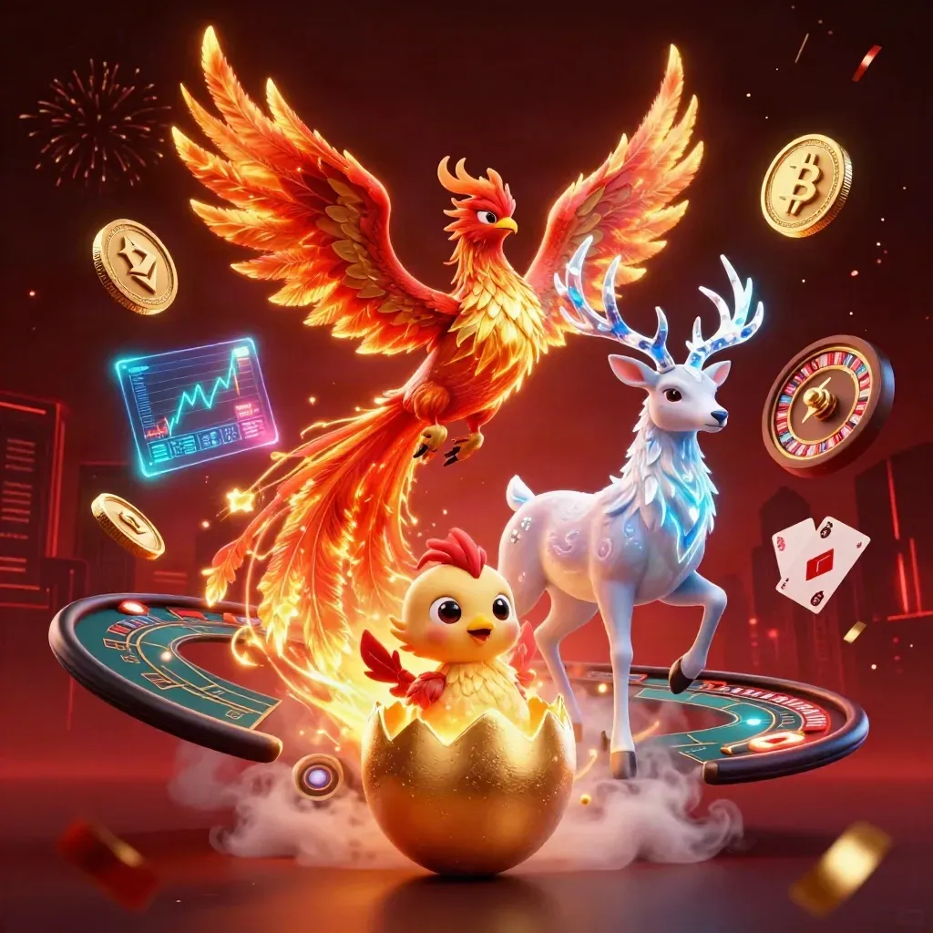 Fire phoenix, baby phoenix, and crystal-antlered stag amid casino lights and crypto effects.