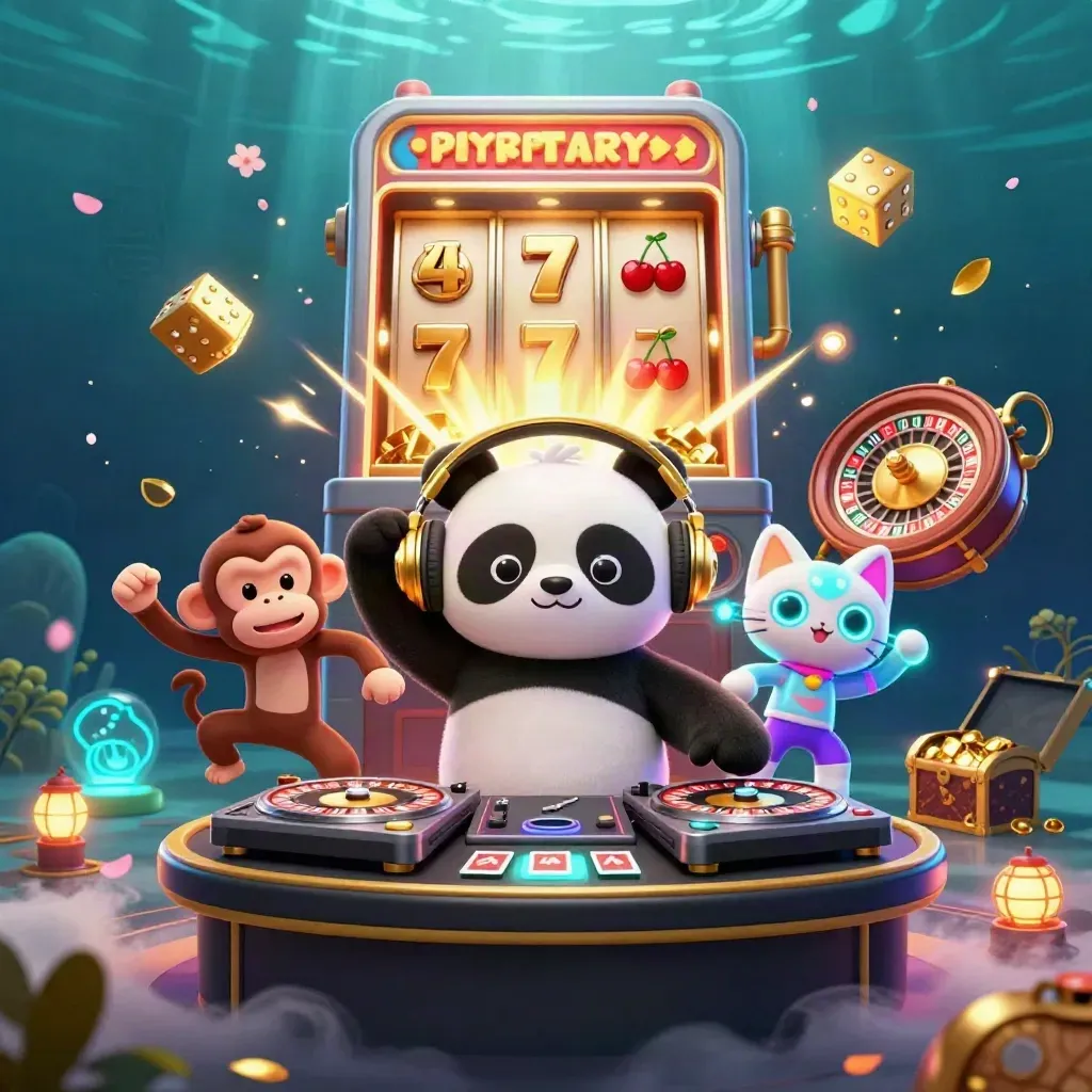 Panda DJ, dancing monkey, and glow-stick kitten amid slot jackpots, dice, gold, and neon blue casino lights.