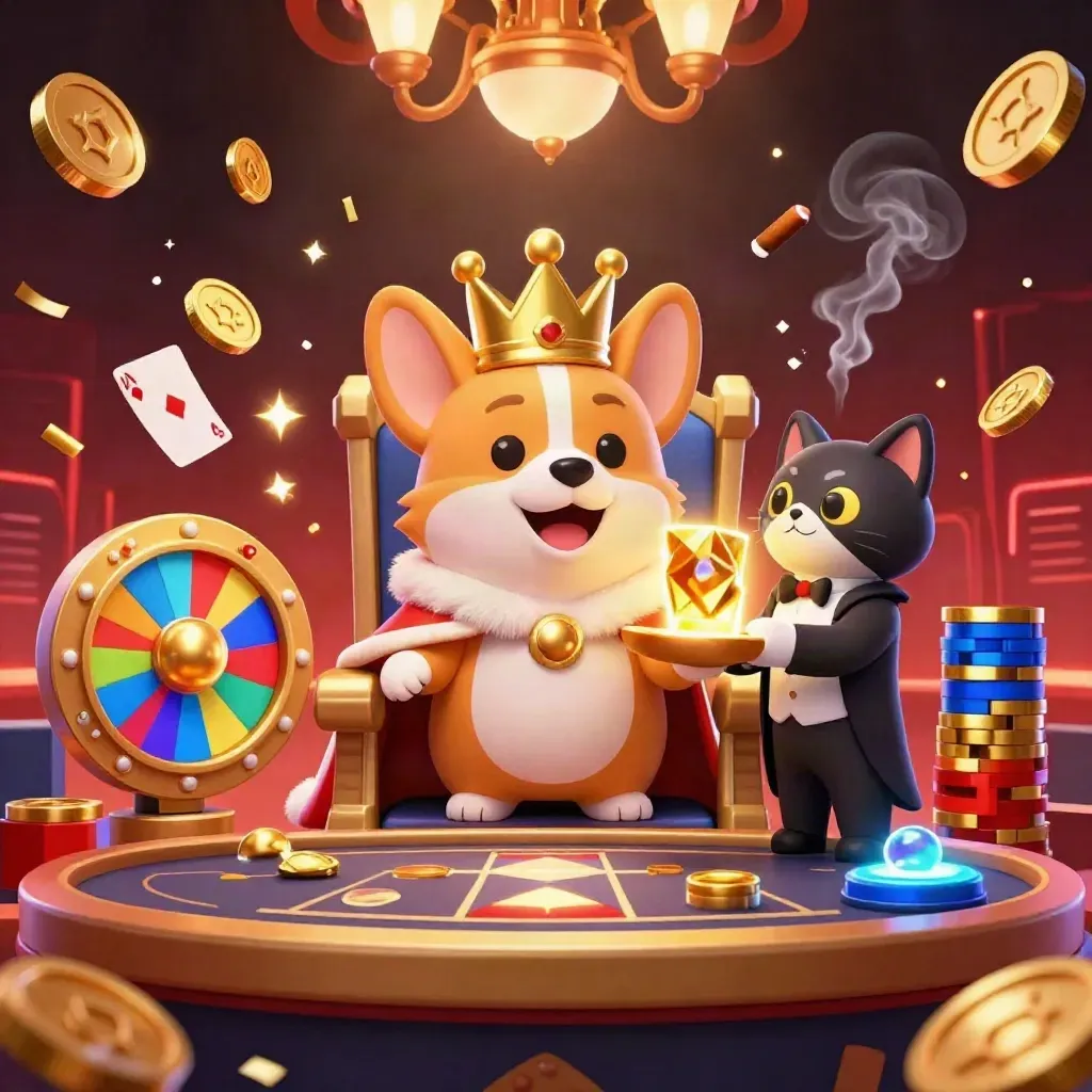 Crowned corgi and cat butler amid glowing casino chaos, coins, cards, chips, roulette, and fireworks.