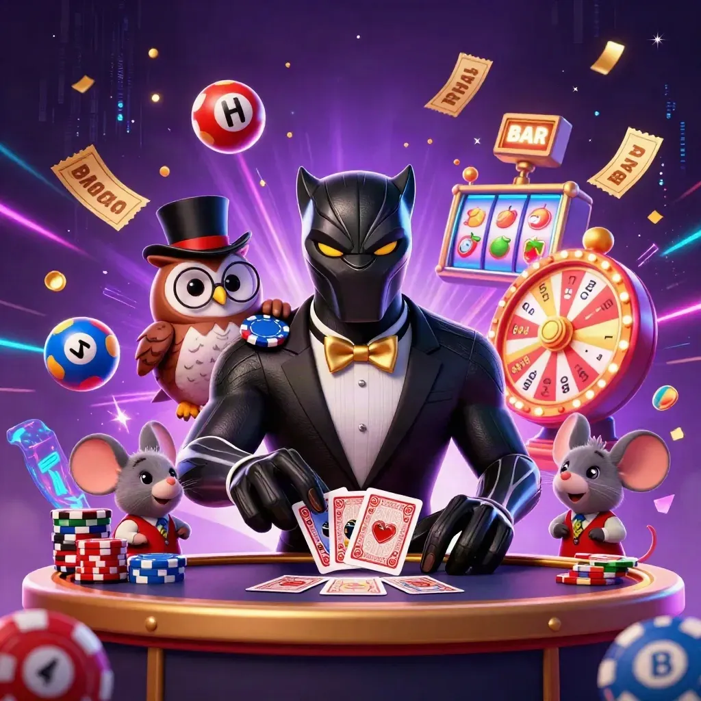 Black panther, owl, and mouse in a neon casino burst with chips, reels, and blue energy.