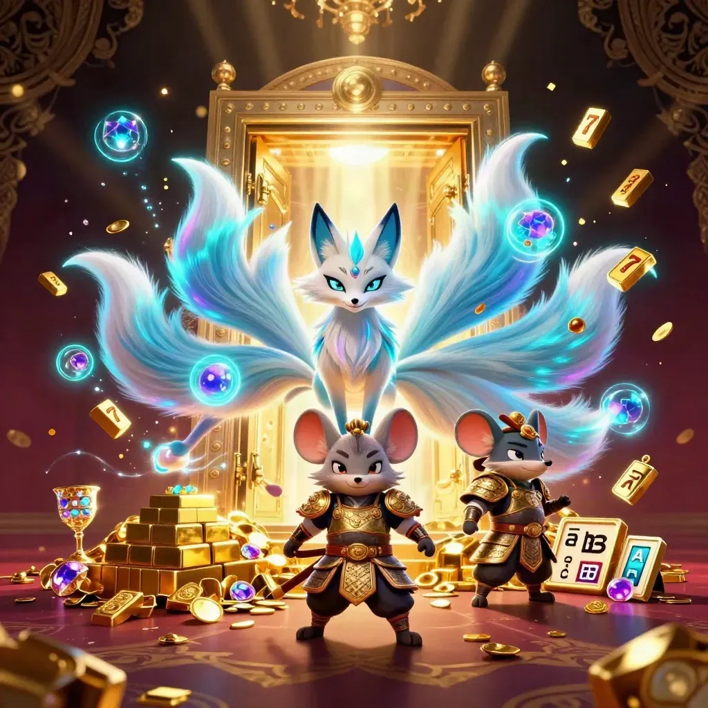 Fox spirit and armored mouse open a treasure vault amid gems, neon glow, and casino relics.
