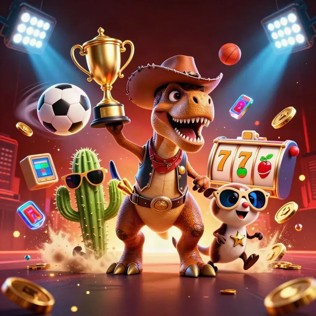 Cowboy T-Rex, cactus sidekick, and roadrunner burst through neon casino chaos with treasure and sports balls