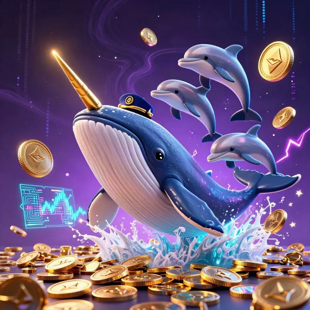 Captain whale, narwhal, and dolphins burst through glowing coins with neon crypto effects.