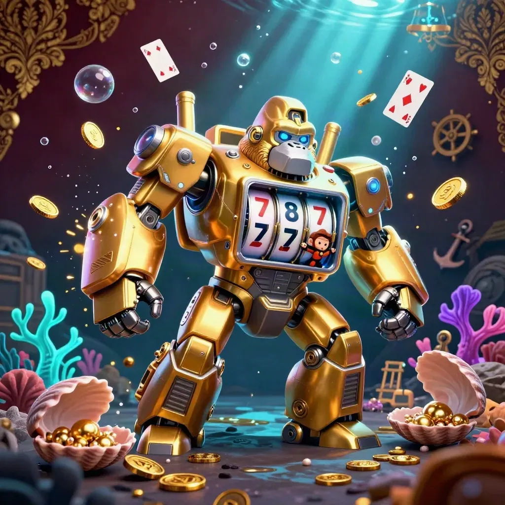 Golden gorilla mech with tiny monkey pilot bursts through an underwater treasure cove, coins and gems flying.