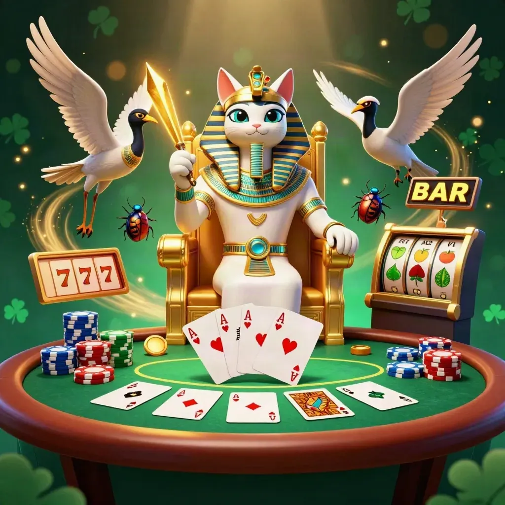 Pharaoh cat, ibis scribe, and gem-winged scarabs amid poker chips, cards, reels, and cyan casino glow.