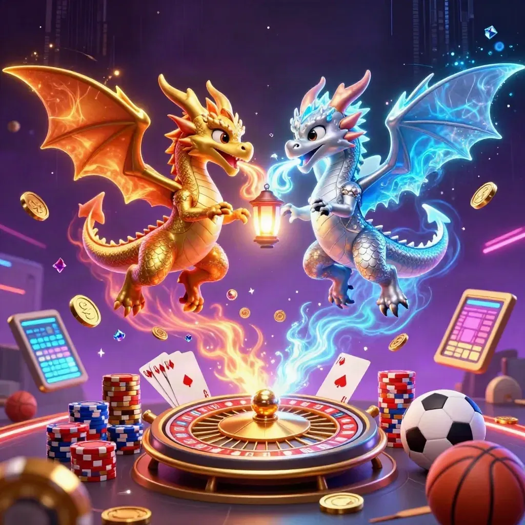 Twin gold and silver dragons burst through coins, cards, chips, and neon casino effects.
