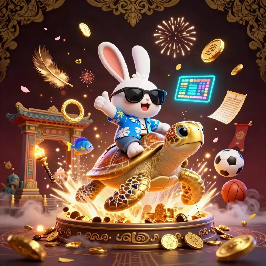 Lucky rabbit rides jeweled sea turtle through gold coins, fireworks, and esports props