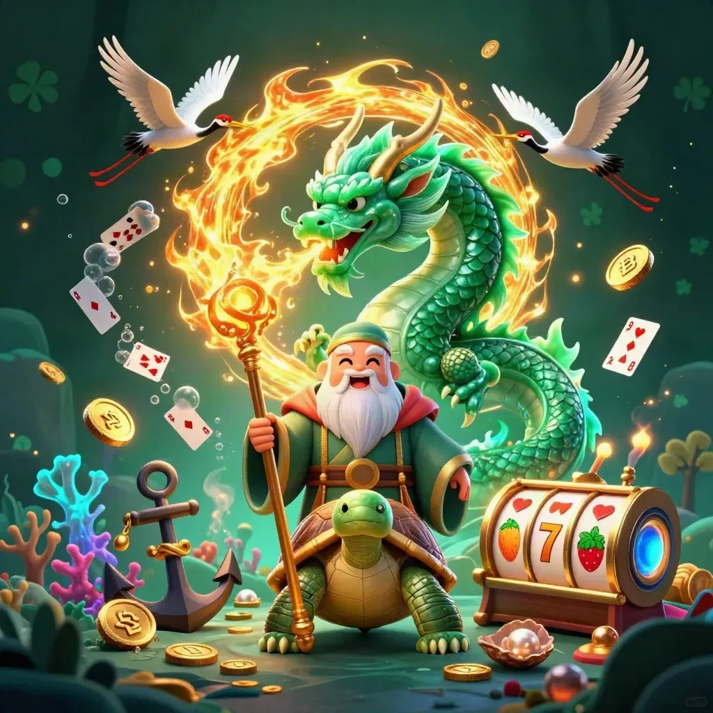 Emerald dragon, turtle sage, and cranes amid treasure cove, neon effects, and golden fire.
