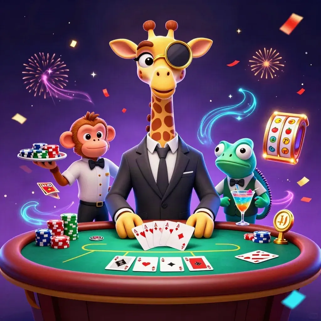 Giraffe, monkey, and chameleon at a neon poker table with chips, cards, and slot lights.