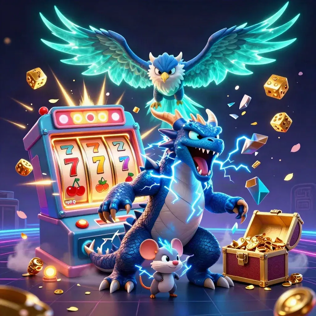 Thunder dragon, wind hawk, and static mouse burst from a slot machine in neon blue lightning