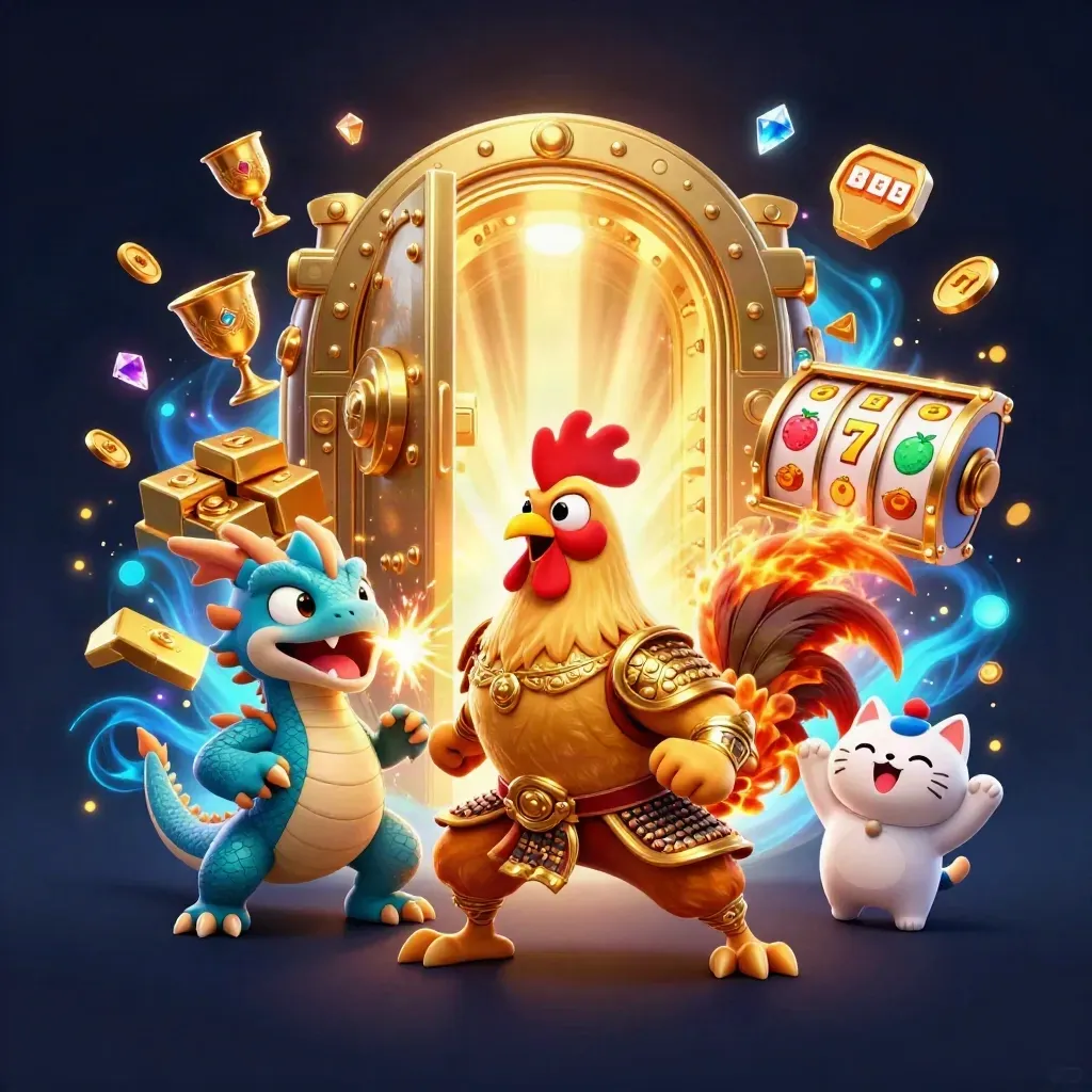 Rooster warrior, dragon hatchling, and fortune cat burst from a glowing gold vault in neon blue casino art.