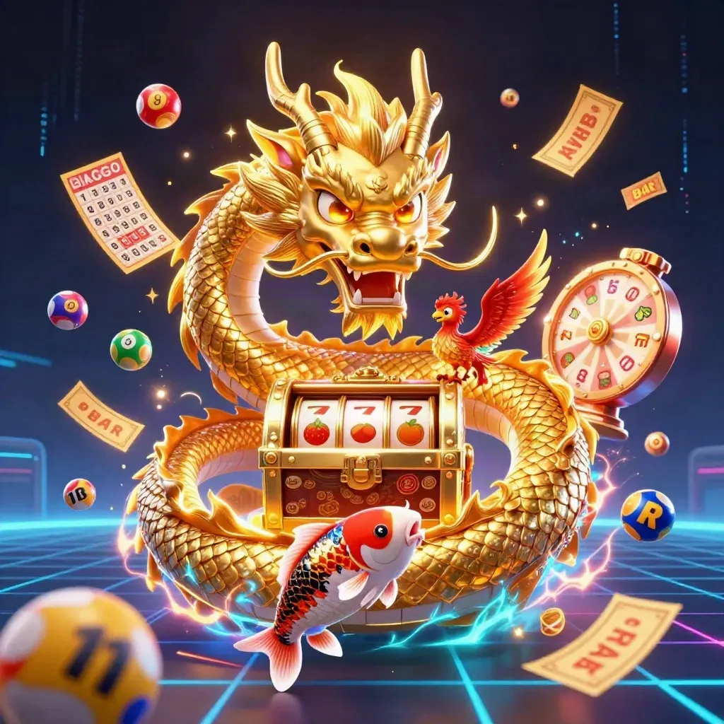 Golden dragon with phoenix, koi, lottery balls, prize wheel and glowing casino effects on a dark neon background