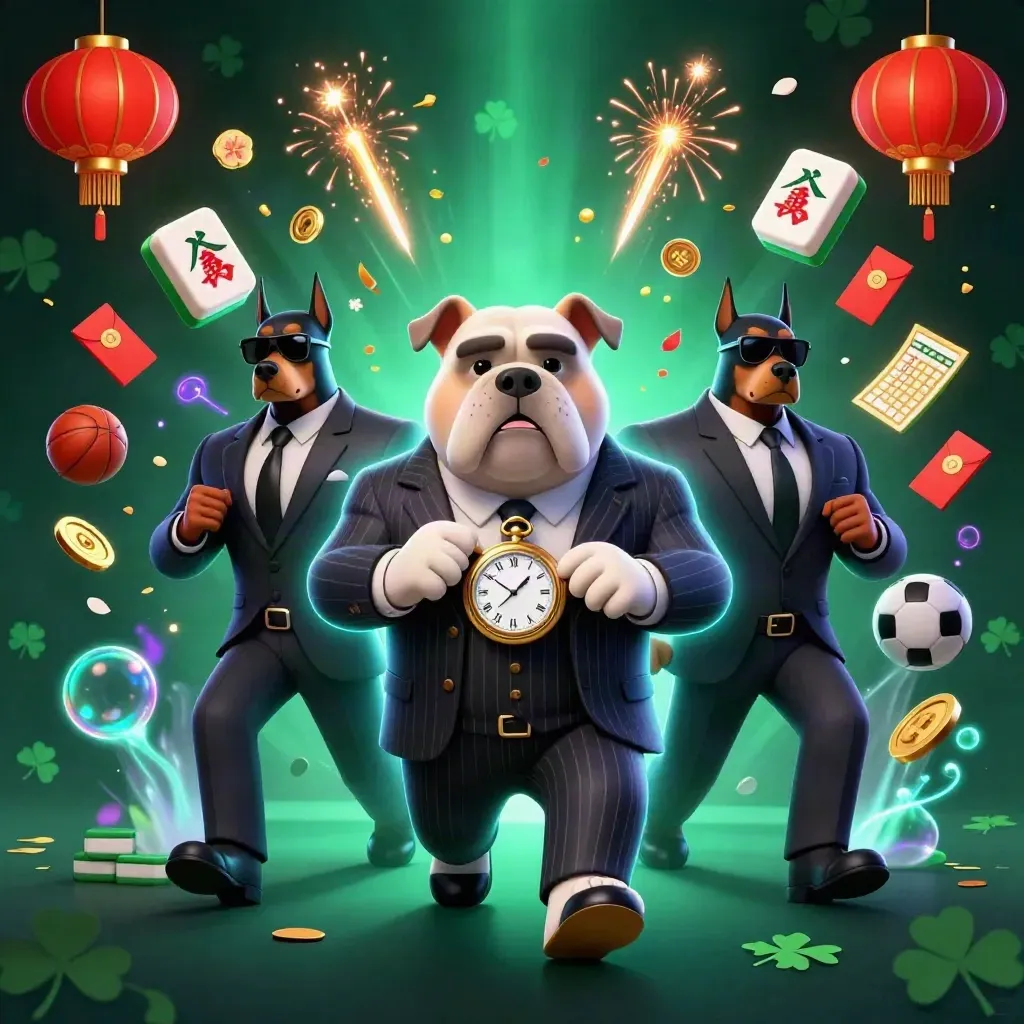Mob boss bulldog with two Dobermans amid neon casino rewards and esports props