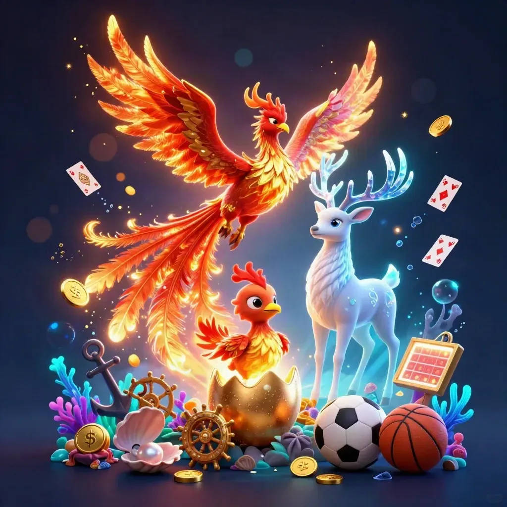 Phoenix, baby phoenix, and crystal stag amid casino treasure, coins, coral, and neon sparks.