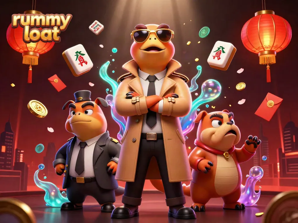 Engaging scene of rummy loot action with playful raptors at a casino entrance.