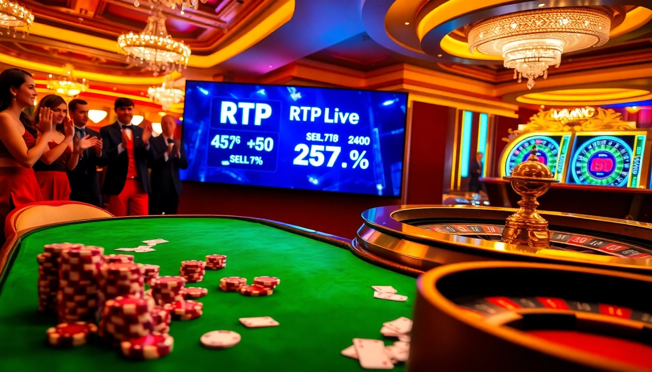 Excited players enjoying RTP Live at a luxury casino, with vibrant slot machines and tables.