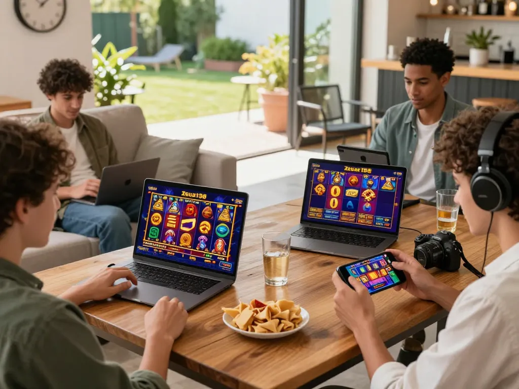 Engaged players enjoying slots on Zeus138, showcasing dynamic online gaming with vibrant visuals.