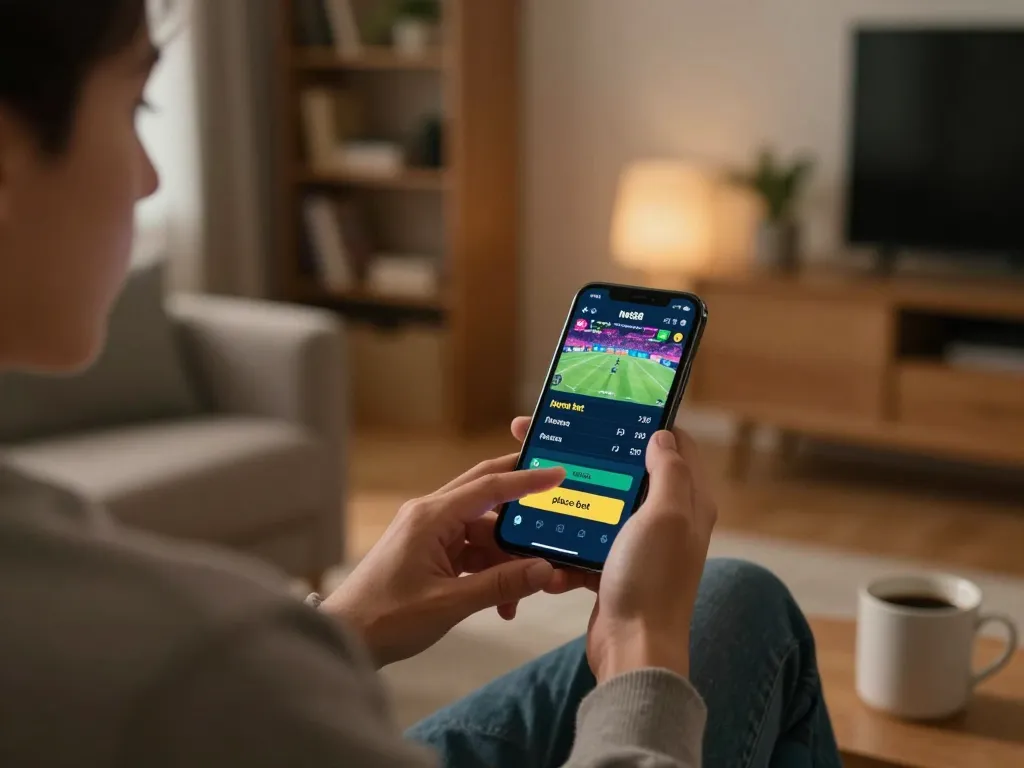 Engaging in sports betting on the net88 app from a cozy living room setting.