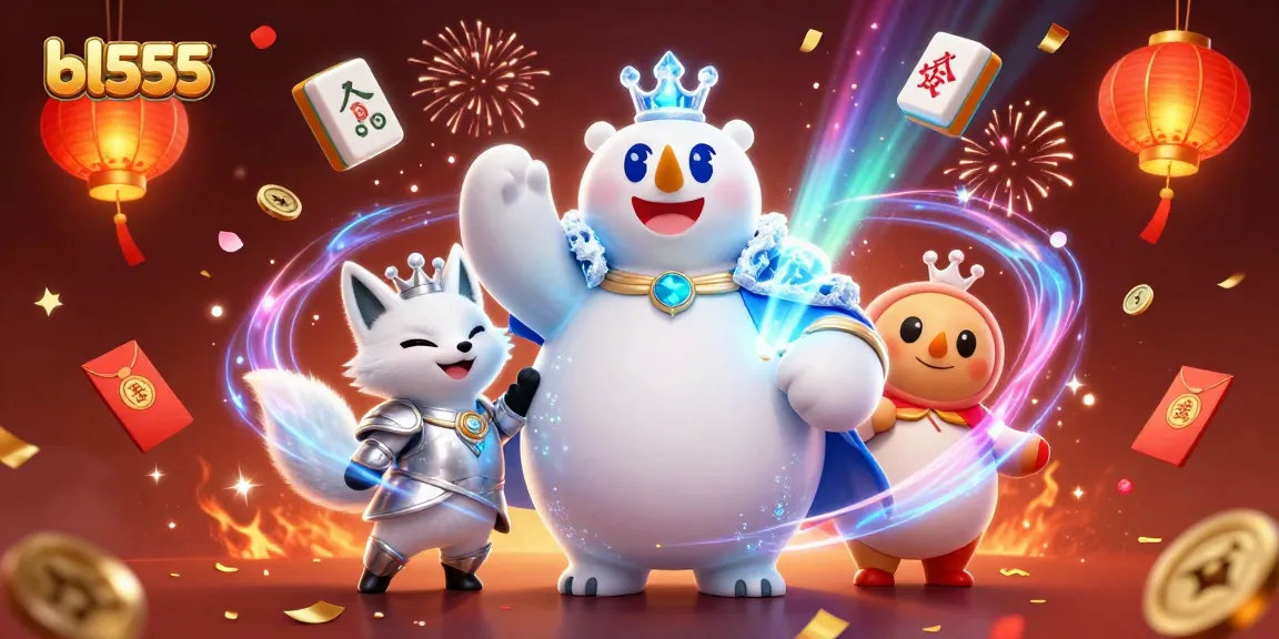 Experience excitement with bl555 in this vibrant 3D casino scene featuring festive elements and game symbols.
