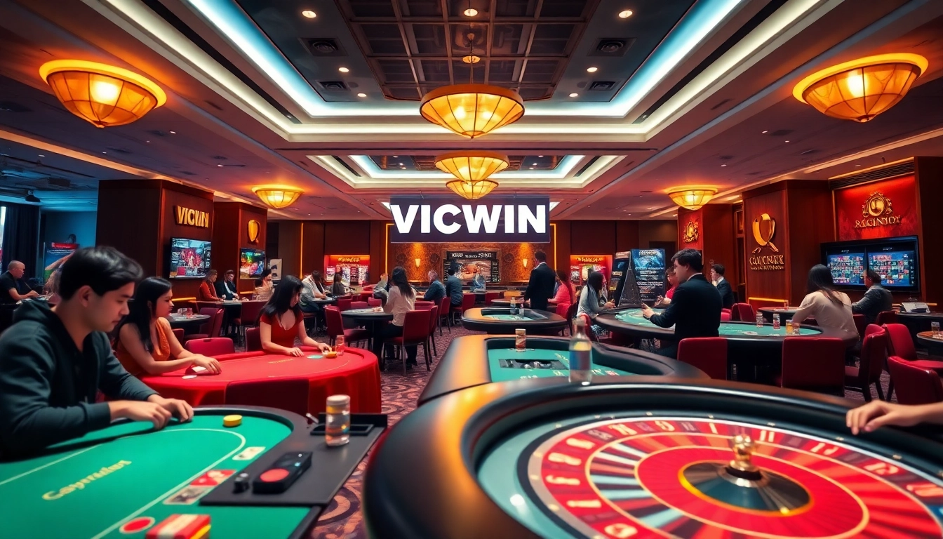 VICWIN online gaming scene with diverse players enjoying poker and roulette tables in a luxurious casino atmosphere.