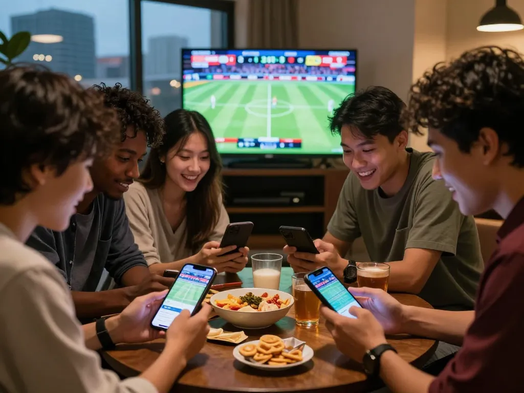 Friends excitedly reviewing kèo nhà cái updates during a live sports event.