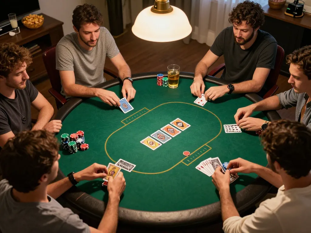 Players engaging in Luật chơi Poker mới nhất during a friendly home game night, showing cards and chips.