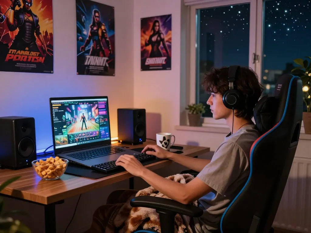 Enjoy immersive porngames in a cozy gaming setup with ambient lighting and snacks.