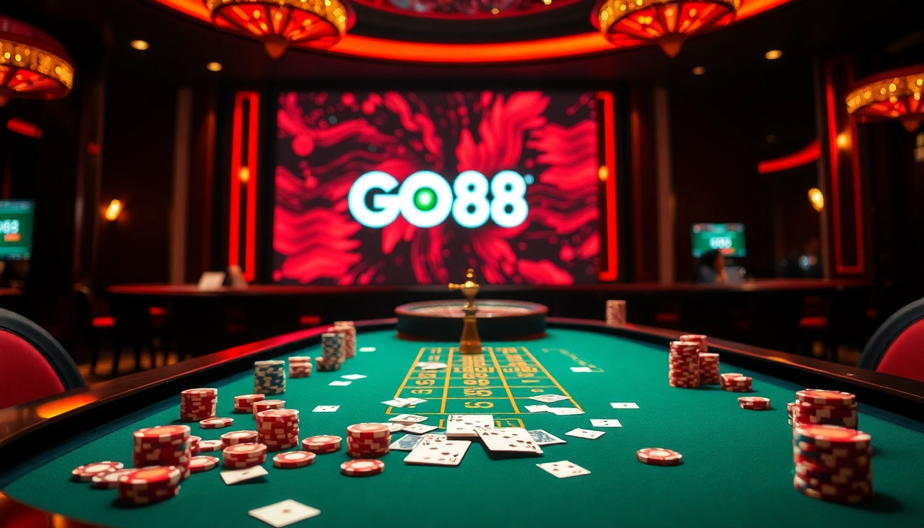 Experience the excitement of GO88 at a vibrant casino table filled with poker chips and cards.