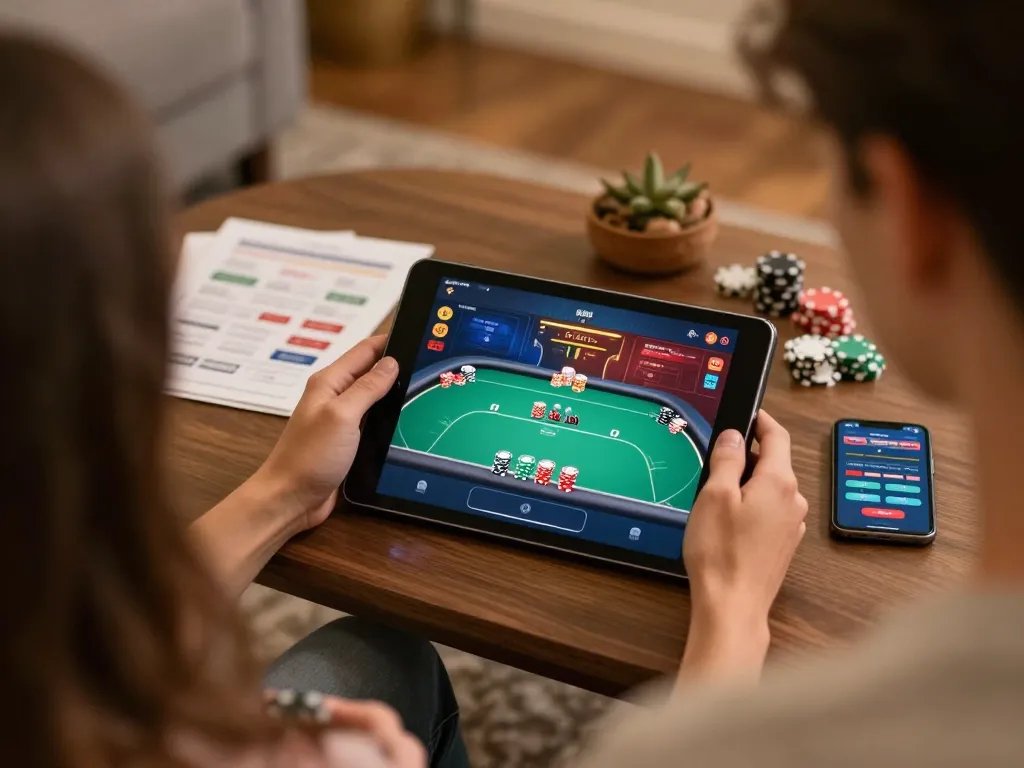 Player enjoying online casino gaming on tablet, exploring okking1 features in a cozy environment