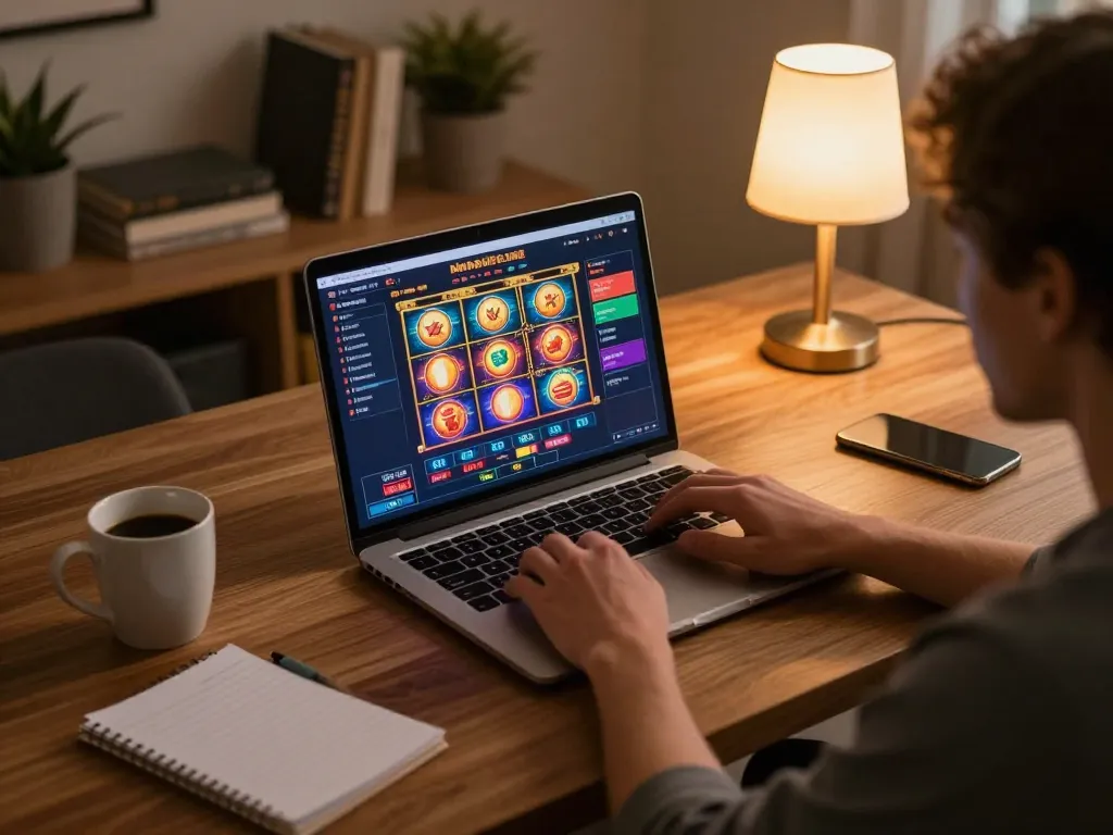 Player engaging with okfun online casino on laptop in a cozy home setting.