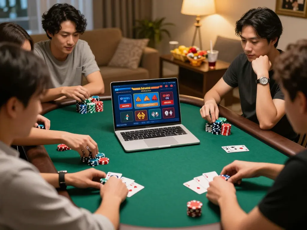 Engaging poker game at trang chủ kuwin online casino, players strategizing with colorful chips and cards in a cozy home setting.