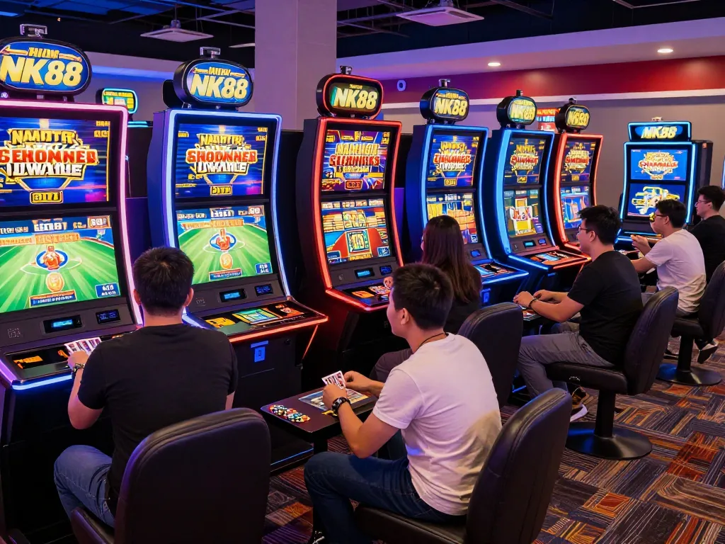Exciting scene of players enjoying game nk88 in a vibrant casino environment with modern gaming equipment and dynamic atmosphere.