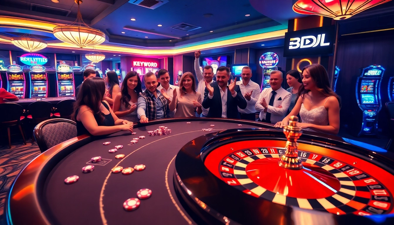 Gamblers enjoying an exciting poker game with BDJL branding, showcasing energy and strategy.