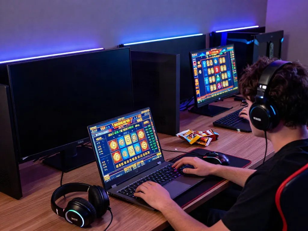 A thrilling online gaming experience with akunjp as players enjoy vibrant slot games on multiple screens.