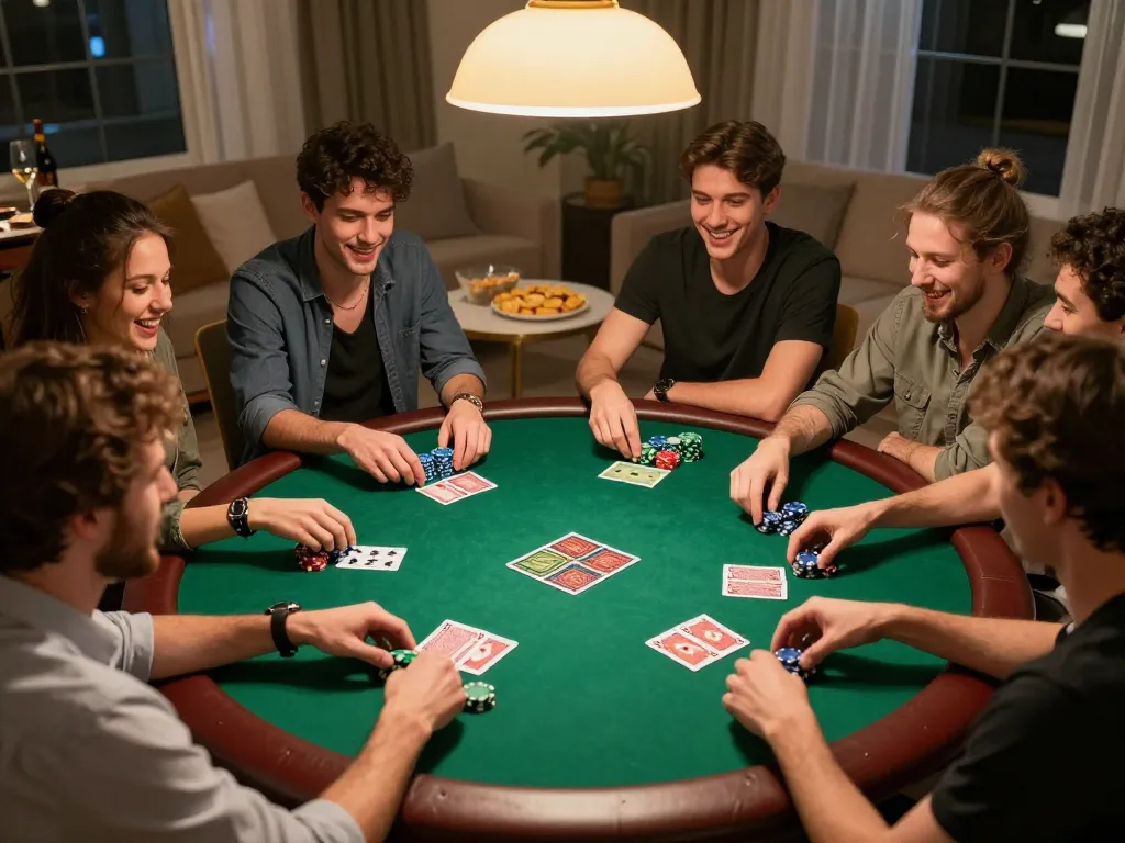 Friends enjoying an exciting poker game at home, showcasing 888vi's social gambling aspect.