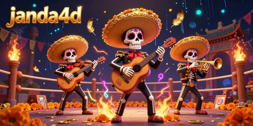 Band mariachi kerangka yang meriah dengan elemen kasino di janda4d, siap untuk menghibur!