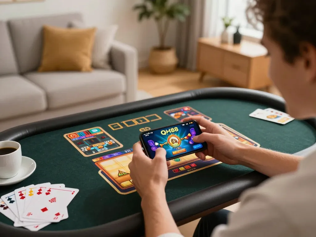 Engaging with the QH88 link on a smartphone, enjoying an online casino game in a cozy home setting