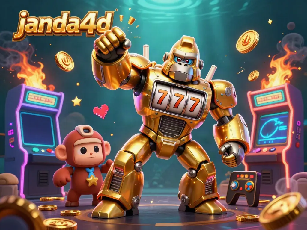 Gorilla emas transformator janda4d memukul dengan koin memancar, dikelilingi mesin arcade warna-warni.