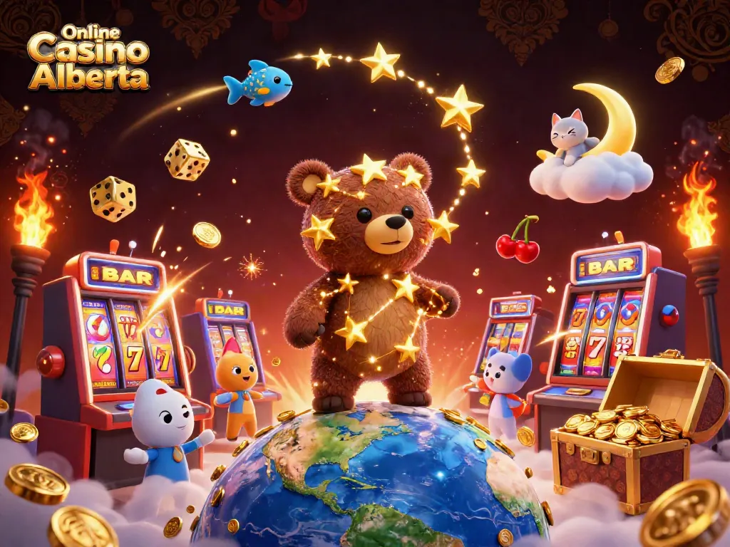 Engage with Online Casino Alberta in a vibrant 3D illustration of casino elements and characters.