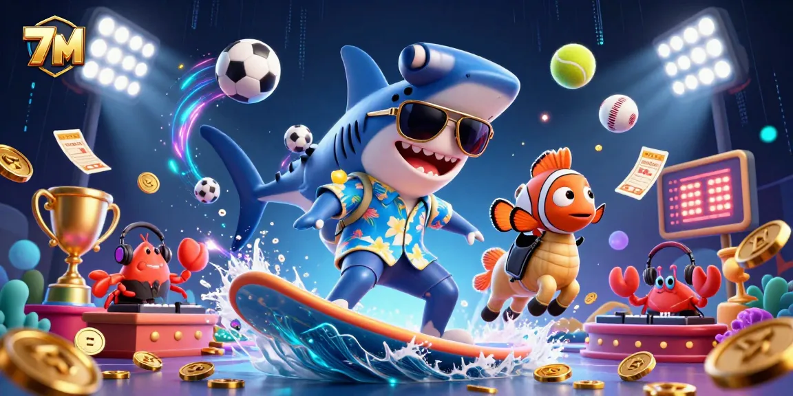 Experience 7M's thrilling surfing shark amidst flying sports elements and dazzling gold coins.