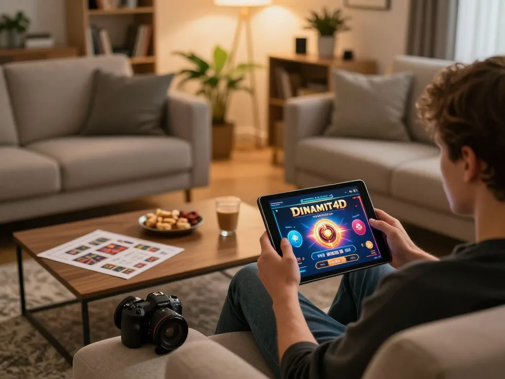Engaging with Dinamit4D on a tablet in a cozy home setting while enjoying responsible gaming.
