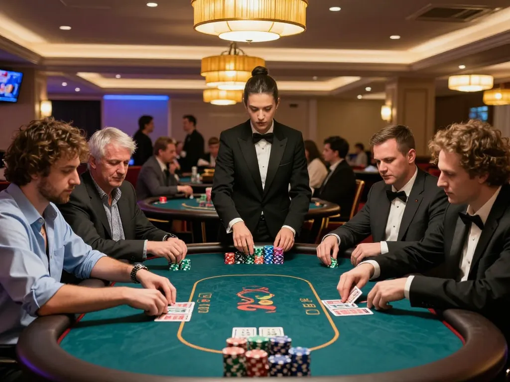 Engaged players at a casino poker table making pragmatic decisions during a high-stakes game.