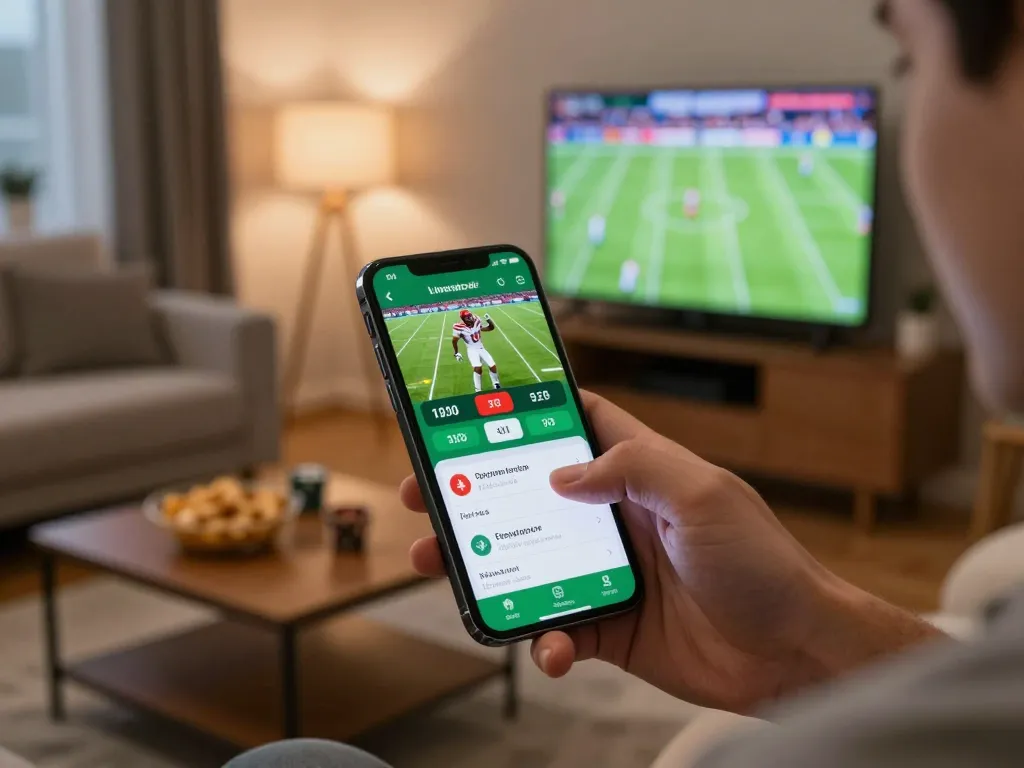 Engaged user placing a sports bet on bk8 app during live event in a cozy home setting