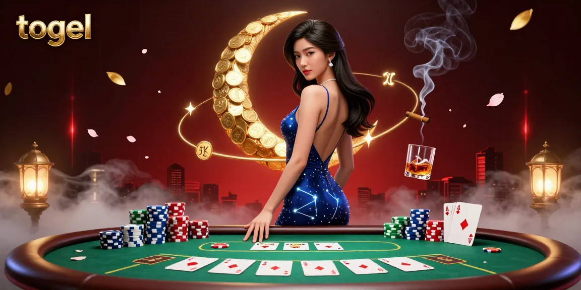 Togel-inspired illustration showcasing a stunning Asian woman with a poker table; dynamic gambling scene.