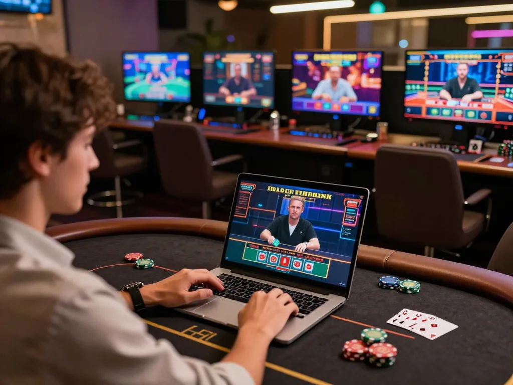 The B52 CLUB user engaging with live dealer gaming on a laptop, highlighting online gambling strategies.